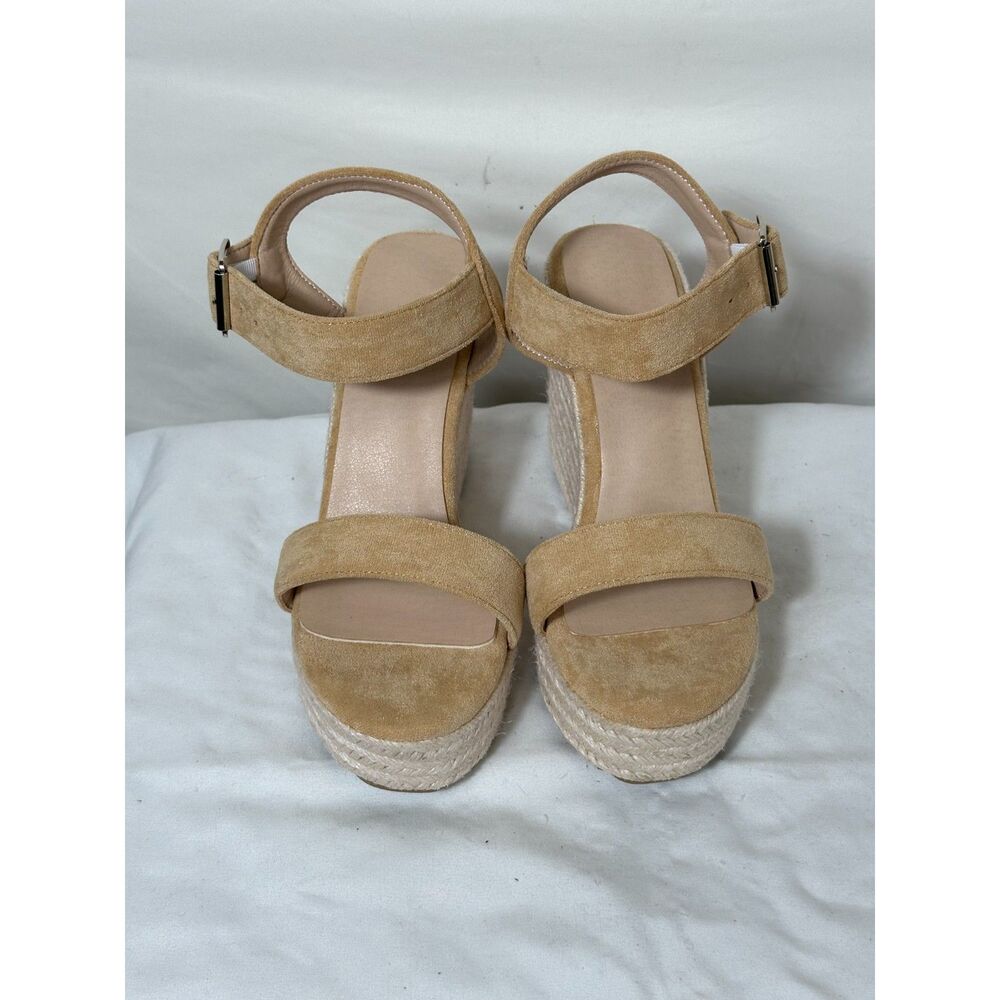 Women’s Faux Suede Tan Wedge Heels Platform Sandals Casual US 8 - Picture 2 of 5